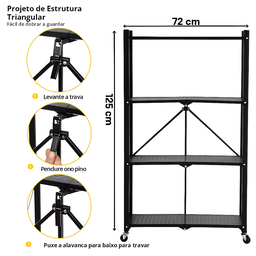 Estante Dobrável com Rodinhas 4 Prateleiras de Metal Preta – Organizador Multiuso Cozinha Sala Banhe - 4