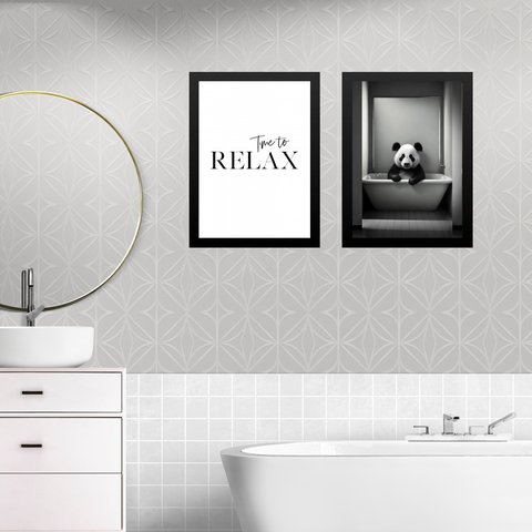 Kit 2 Quadros Banheiro Panda - Time To Relax 33x24cm - com Vidro:moldura Preta