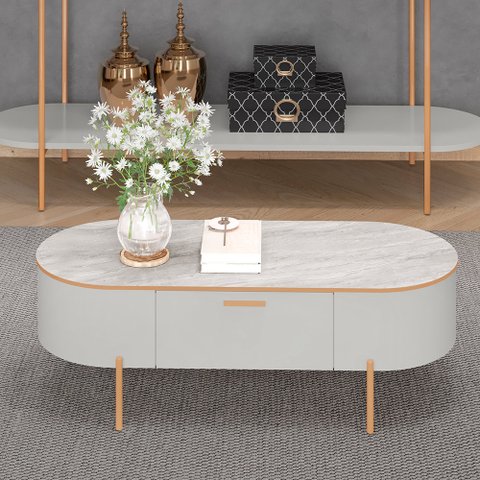 Mesa de Centro Decorativa Bento 1 Gaveta Pés Metálicos Dourados Fendi/quartzo G18 - Gran Belo