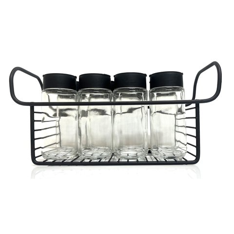 Porta Tempero Condimento 8 Potes Vidro Tampa Dosadora Suporte Preto Organização Cozinha