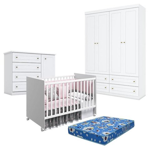 Quarto de Bebê Americano 4 Portas com Berço Nacional Mel Branco Acetinado – Reller - Henn e Colchão 
