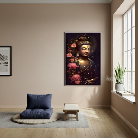 Quadro Buda - Símbolo de Renascimento e Iluminação - 70x50cm:moldura Branca