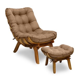 Kit Poltrona + Puff Costela Decoração Descanso Suede Bege