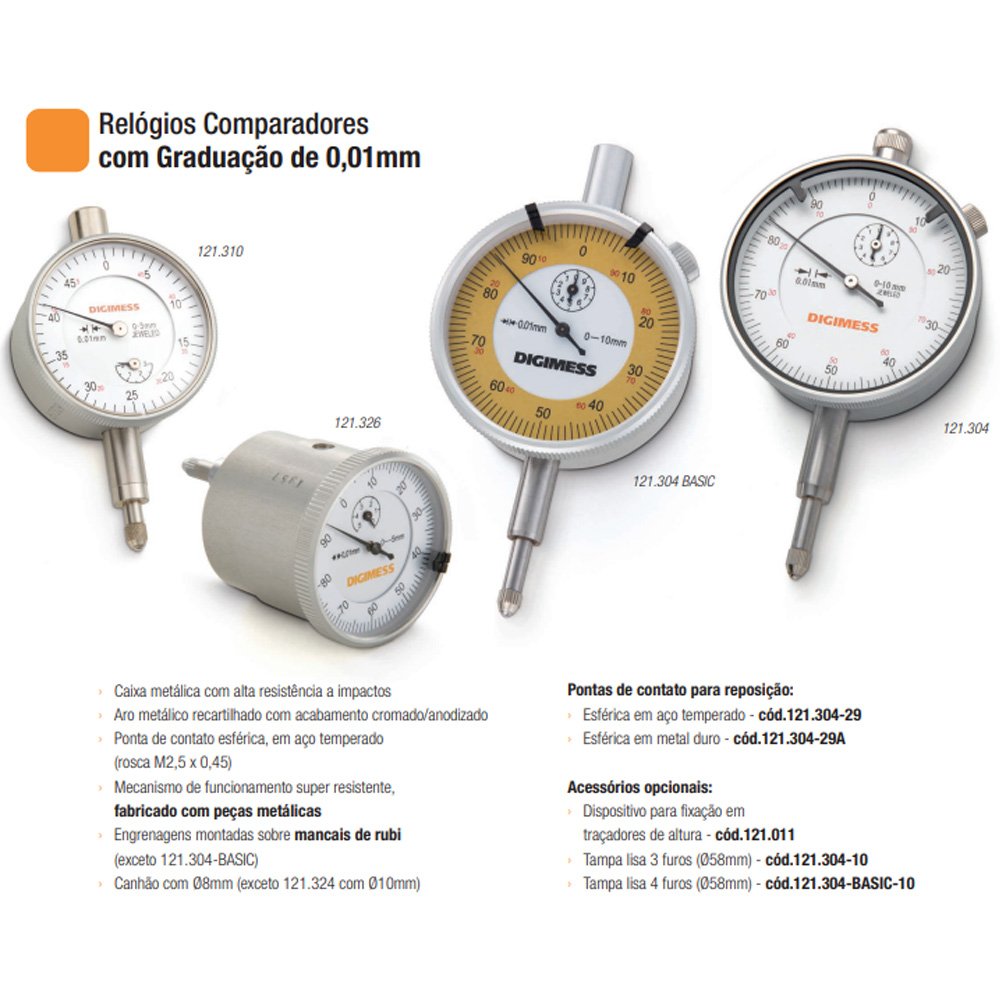 Relógio Comparador - Cap. 0-5 Mm - Graduação de 0,01mm - Diâmetro do Mostrador Ø58mm - Tampa Traseir - 4