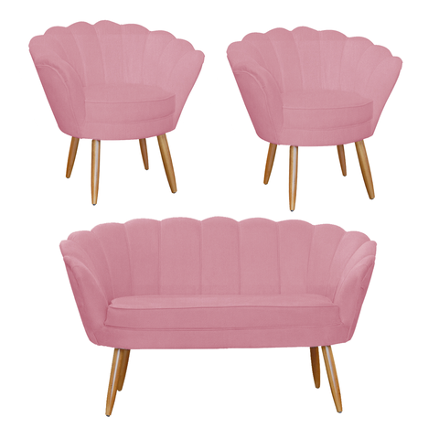 Conjunto Pétala Namoradeira e 2 Poltronas Para Sala de Estar Suede Rosa Barbie - LM DECOR
