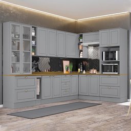 Cozinha Completa de Canto Americana 10 Peças Cinza Tampo Nature - Móveis Henn - 2