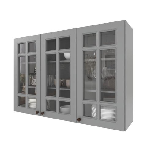 Armário Aéreo 1,20cm 3 Portas Vidro Incolor 100% Mdf Titânio Fosco Amoudi