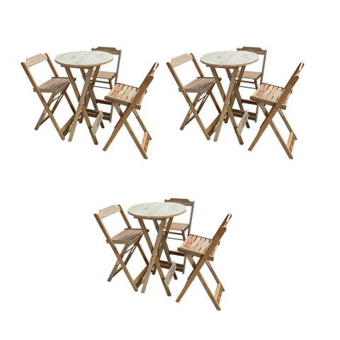 Kit 3 Jogos de Mesas Bistrô de Madeira Dobrável com 3 Banquetas - Crua