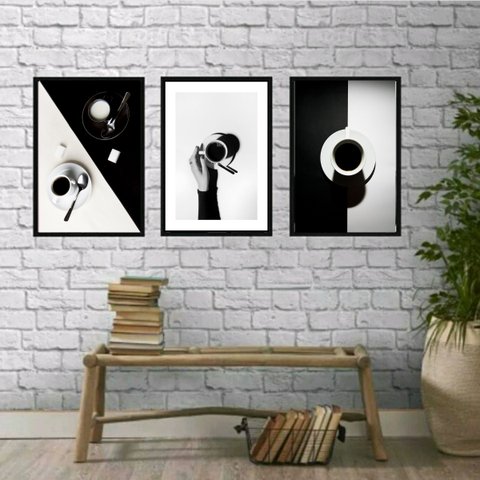 Kit 3 Quadros Fotografias de Café em Preto e branco 45x34cm:madeira Branca