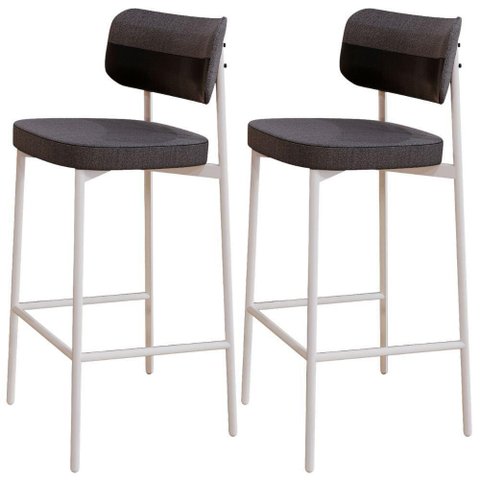 Kit 02 Banquetas Alta Bar Cozinha Sala de Jantar Aço Branco Kaira C01 Linho Preto Courino Preto -