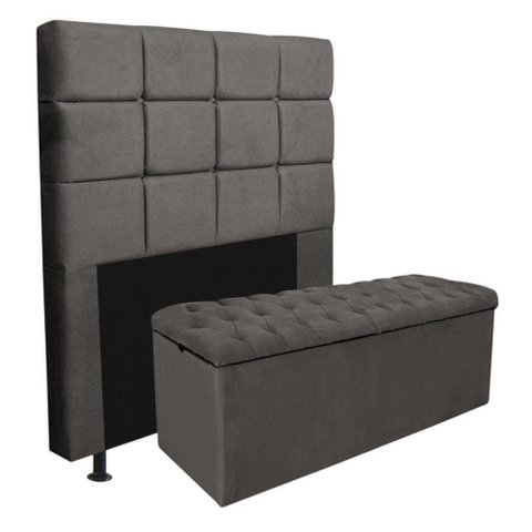 Kit Cabeceira + Calçadeira Baú King Size MDF-MDP Corino Cinza Gat Magazine 195cm