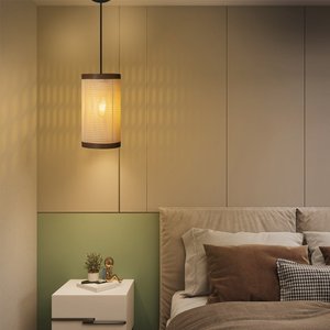 Pendente Sala de Estar Essence Tela Indiana Cor Palha Fio Preto 150cm D16