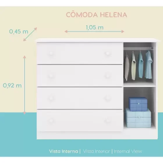 Cômoda para Quarto Infantil Com 4 Gavetas 1 Porta - Helena - Branco - Tenda House - 3