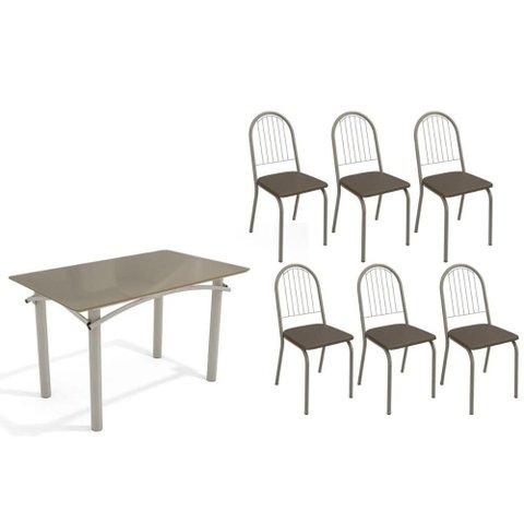 Sala de Jantar Completa Elba Tampo Madeirado C/ Vidro 120cm e 6 Cadeiras Noruega Niquel/freijo