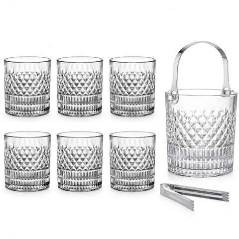 Jogo 6 Copos 310ml e Balde Gelo 1L com Pinça Cristal Drinks