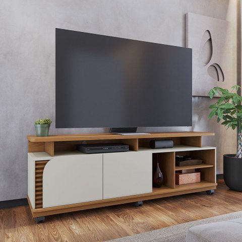 Rack para Sala de Estar TV 75 pol com Rodízios Laguna C04 Freijó Off White - Lyam Decor