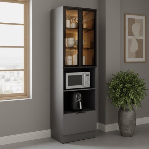 Paneleiro de Cozinha 70cm com Iluminacão e com Rodapé 2 Portas com Vidro e 1 Gaveta Lumina Cinza