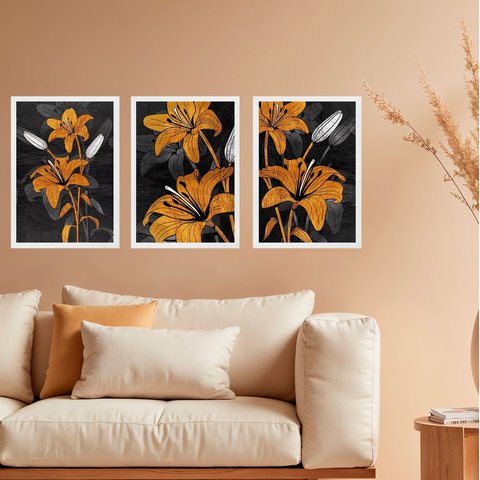 Kit 3 Quadros Decorativos Lírios Marrom e Preto 24x18cm - com Vidro:moldura Branca