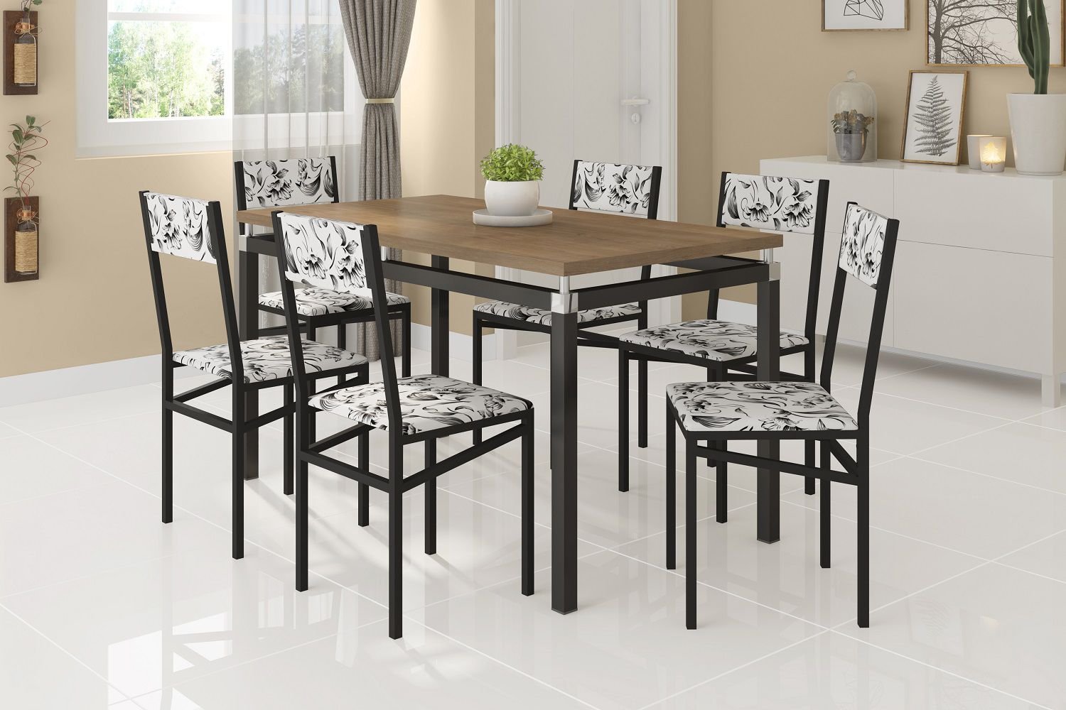 Conjunto Mesa Copenhague 6 Cadeiras Copenhague Preto Fosco / Branco Floral - 2