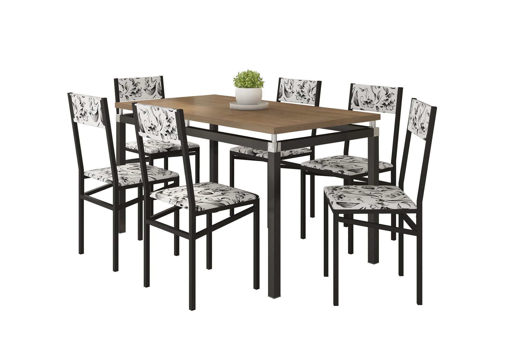 Conjunto Mesa Copenhague 6 Cadeiras Copenhague Preto Fosco / Branco Floral - 1