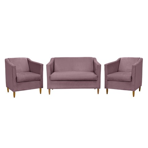 Kit Namoradeira e 2 Poltronas Titânio Suede Rosê