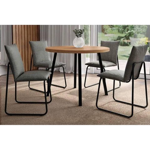 Conjunto: Mesa Sala Jantar Stellar 1599 Aço C/ Tampo Madeirado 100cm e 4 Cadeiras Soft Preto/nogal