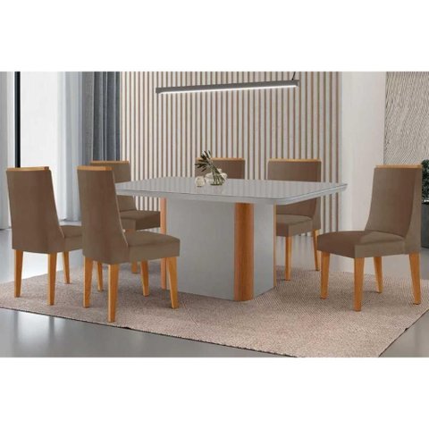 Sala Jantar Mesa Pietá Tampo C/ Vidro Curvo 180cm+6 Cadeiras Dakota Naturale/off White - Suede