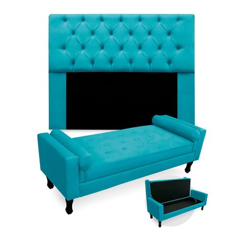 Kit Cabeceira Mirage + Calçadeira Baú Felix Casal 140cm Suede - Ecotec Decor:Azul Turquesa