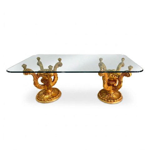 Mesa de Jantar Clássica Dourada com Tampo de Vidro 85x115x210cm para 6 Cadeiras