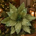 Ver imagem 2 de Kit 3 Flores Bico de Papagaio Natalina Pick Veludo Verde Pistache Luxo Glitter e Lantejoulas 30x30cm