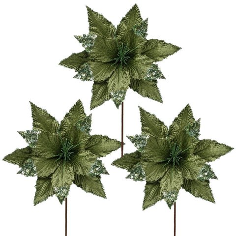 Kit 3 Flores Bico de Papagaio Natalina Pick Veludo Verde Pistache Luxo Glitter e Lantejoulas 30x30cm