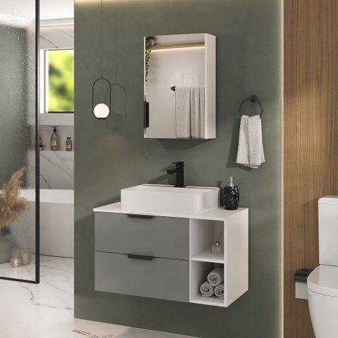 Gabinete Banheiro Volcano 80cm (armário + Cuba + Espelheira +tampo Vidro) Branco / Cinza