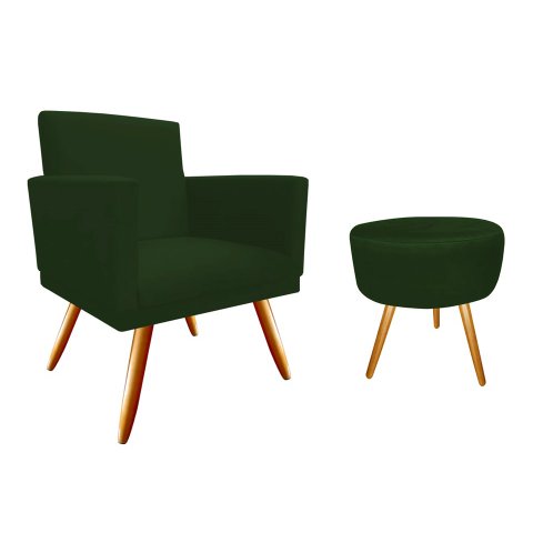 Kit Poltrona Decorativa Nina + Puff Redondo Suede Verde Pés Madeira Mz Decor