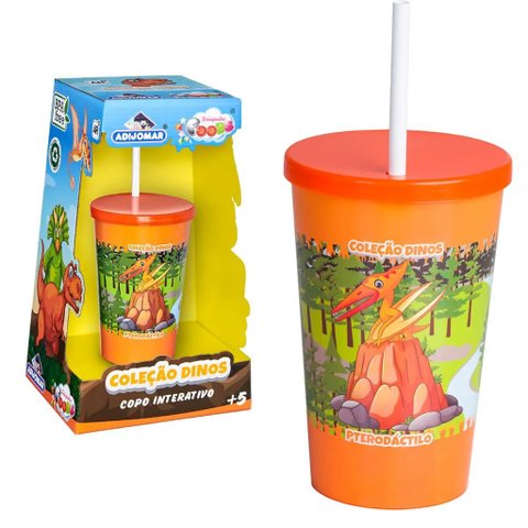 Copo Interativo Pterodáctilo Coleção Dino com Tampa e Canudo 750ml +5 Anos Adijomar Brinquedos