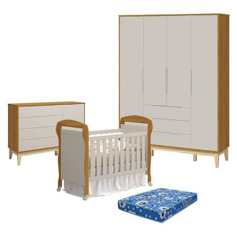 Quarto de Bebê 4 Portas com Cômoda com Porta Elfe Classic e Berço Americano Danny Areia Savana Aceti