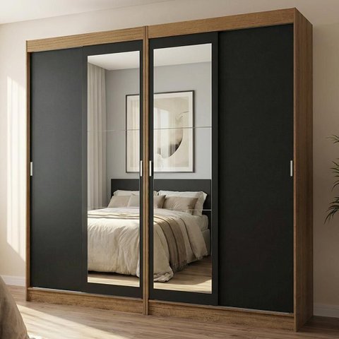 Conjunto 2 Guarda Roupas Tokio 4 Portas Correr com Espelho MDP Rustic-Preto Madesa 218cm