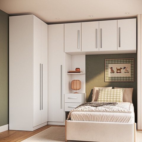 Quarto Modulado 100% MDF 5 Peças Mesa de Cabeceira Esquerda 7 Portas e 2 Gavetas Integrato Branco