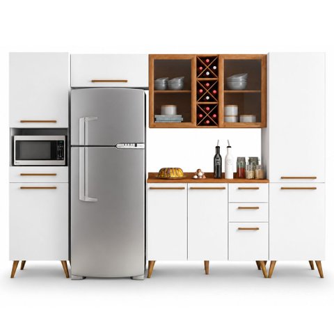 Armário de Cozinha Completa Vidro Reflecta com Adega 9 Portas 4 Gavetas Favorita Branco / Nature