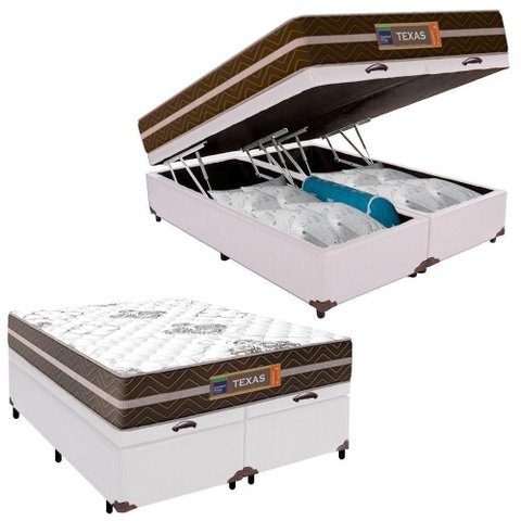Cama Box Baú Casal Bipartido Sintético + Colchão Molas Ensacadas Texas Prime Colchões