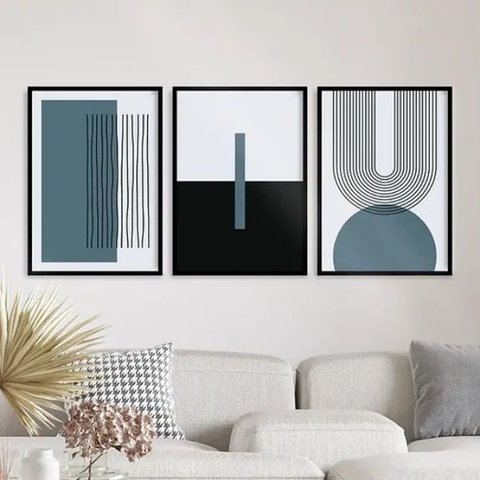 Kit 3 Quadros Abstrato Azul Petróleo Linhas Arcos 24x18cm - com Vidro:moldura Preta
