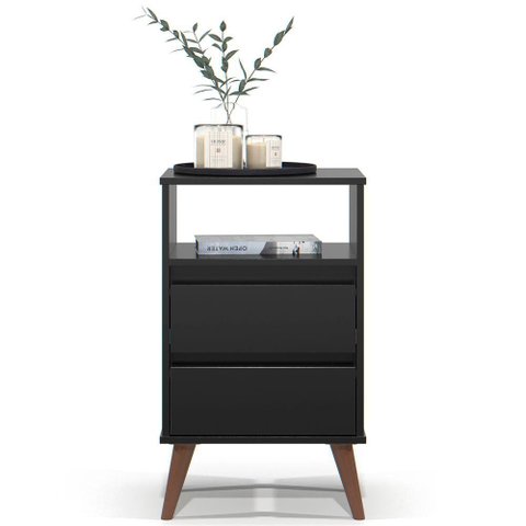 Mesa de Cabeceira Pés Retrô 2 Gavetas 43cm Roma Preto - Ej Móveis