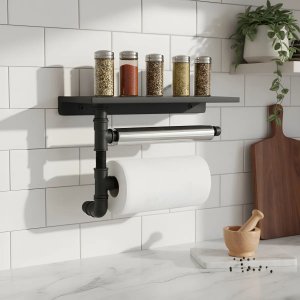 Suporte Parede Porta Papel Toalhas e Temperos Cozinha Estilo Industrial Preto Laca