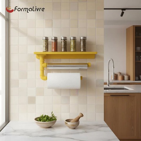 Suporte Parede Porta Papel Toalhas e Temperos Cozinha Estilo Industrial Amarelo Laca
