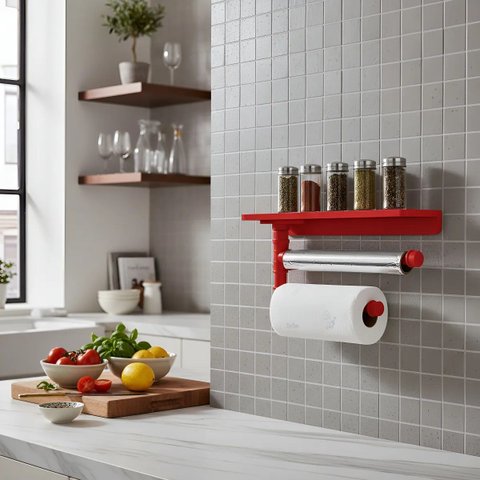 Suporte Parede Porta Papel Toalhas Temperos Cozinha Estilo Industrial Vermelho Laca