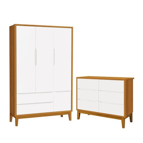 Jogo de Quarto Infantil Classic Guarda Roupa 3 Portas e Cômoda 6 Gavetas Branco/Savana com Pés