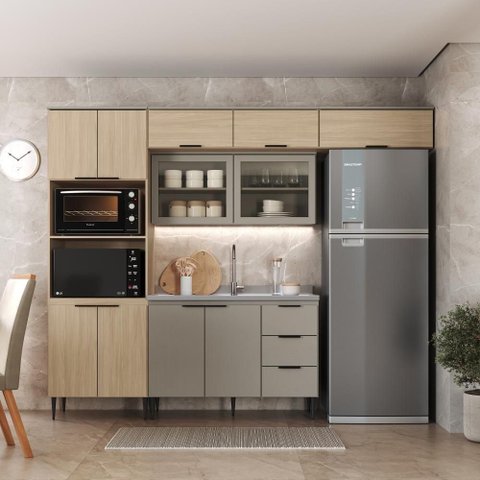 Cozinha Completa Lavinia 11 Portas 3 Gavetas MDP 270cm Imperial e Fume J Carvalho Móveis