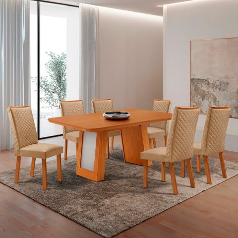 Mesa de Jantar Carolina 180cm Tampo MDF Canto Copo com 6 Cadeiras Lira