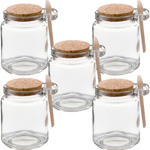 Kit 5 Pote Vidro Borossilicato 240ml Colher de Madeira Rolha