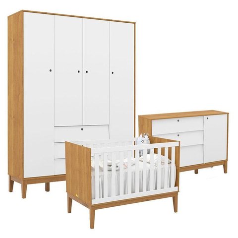 Quarto de Bebe Unique 4 Portas com Cômoda Sapateira Freijó Branco Soft Eco Wood – Matic