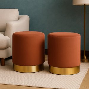 KIT PUFF COM RODAPE DOURADO  TERRACOTA/COBRE VELUDO
